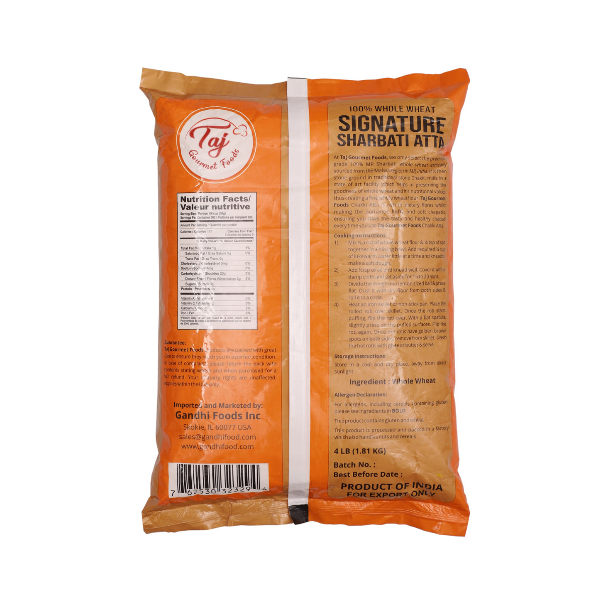 TAJ Signature Sharbati Atta, 100% Whole Wheat Flour, Chappati Flour, 10lbs