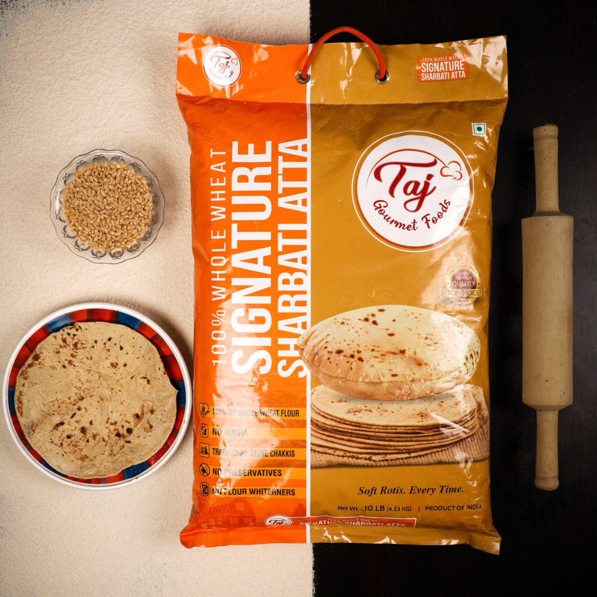 TAJ Signature Sharbati Atta, 100% Whole Wheat Flour, Chappati Flour, 10lbs